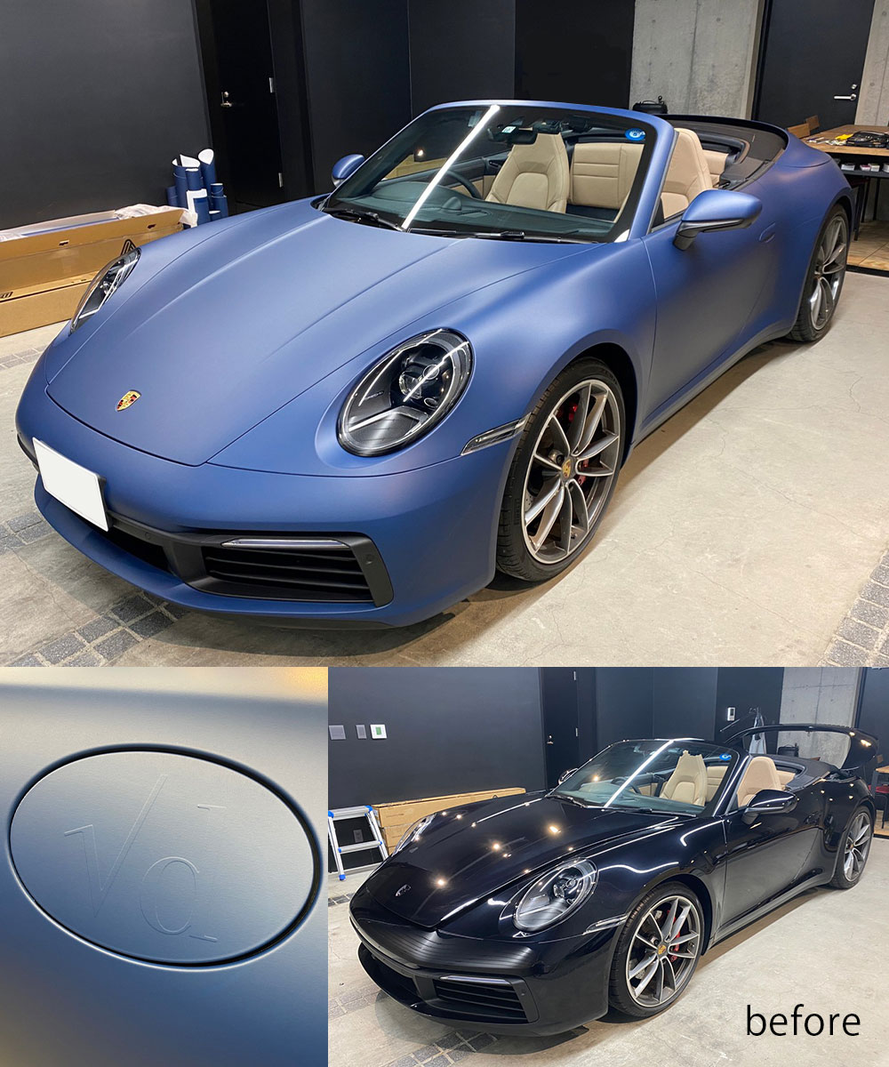 インディゴブルー(Indigo blue) カスタム(custom) カーラッピング(car wrapping／carwrap) カーラッピングフィルム(car wrapping film) PPF(Paint Protection Film) 高級車(luxury car) エイブリィ・デニソン・ジャパン(AVERY DENNISON JAPAN) ヘキシス(HEXIS) ポルシェ(Porsche) 911 カレラ 4S(911 Carrera 4S) クーペ／カブリオレ／タルガ 911 Carrera／911 Carrera T／911 Carrera 4／911 Carrera S／911 Carrera 4S／911 Carrera GTS／911 Carrera 4 GTS／911 Carrera Cabriolet／911 Carrera 4 Cabriolet／911 Carrera S Cabriolet／911 Carrera 4S Cabriolet／911 Carrera GTS Cabriolet／911 Carrera 4 GTS Cabriolet／911 Targa 4／911 Targa 4S／911 Targa 4 GTS／911 Edition 50 Years Porsche Design カバナラッピング(cabana wrapping) カーラッピングマイスター(CAR WRAPPING MEISTER) 竹中 聖人